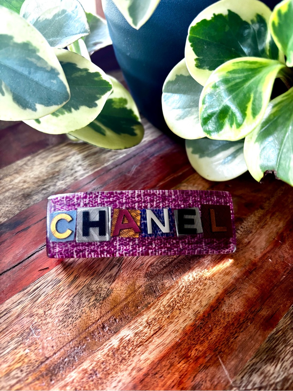 CHANEL Vintage Purple Tweed Resin Logo Barrette with Multicolor Letters